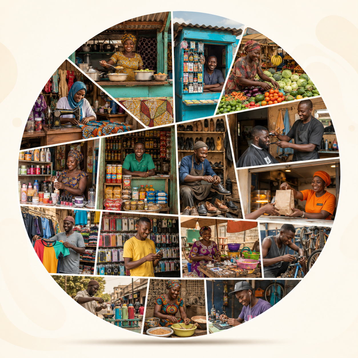 Patchwork circulaire de commerces locaux : cantine, kiosque, artisanat, marché, réparation, coiffure et petites boutiques
