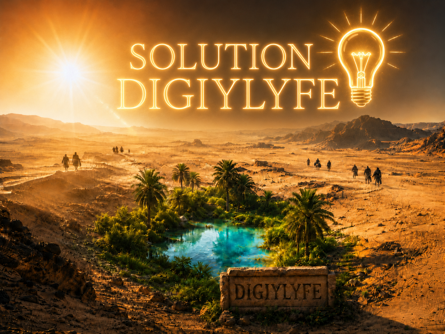 Oasis dans le désert avec l’indication Solution DIGIYLYFE et une ampoule lumineuse